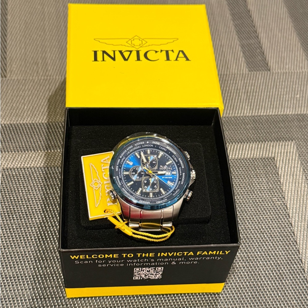 Invicta Aviator Blue Dial Silver Band Watch